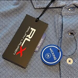 New RLX Golf Polo Ralph Lauren Blue White Short Sleeve Shirt Wicking Men Medium
